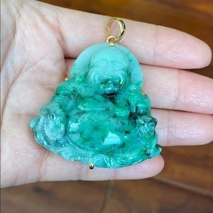 14K Gold Happy Laughing Buddha Jade Pendant Heavy
